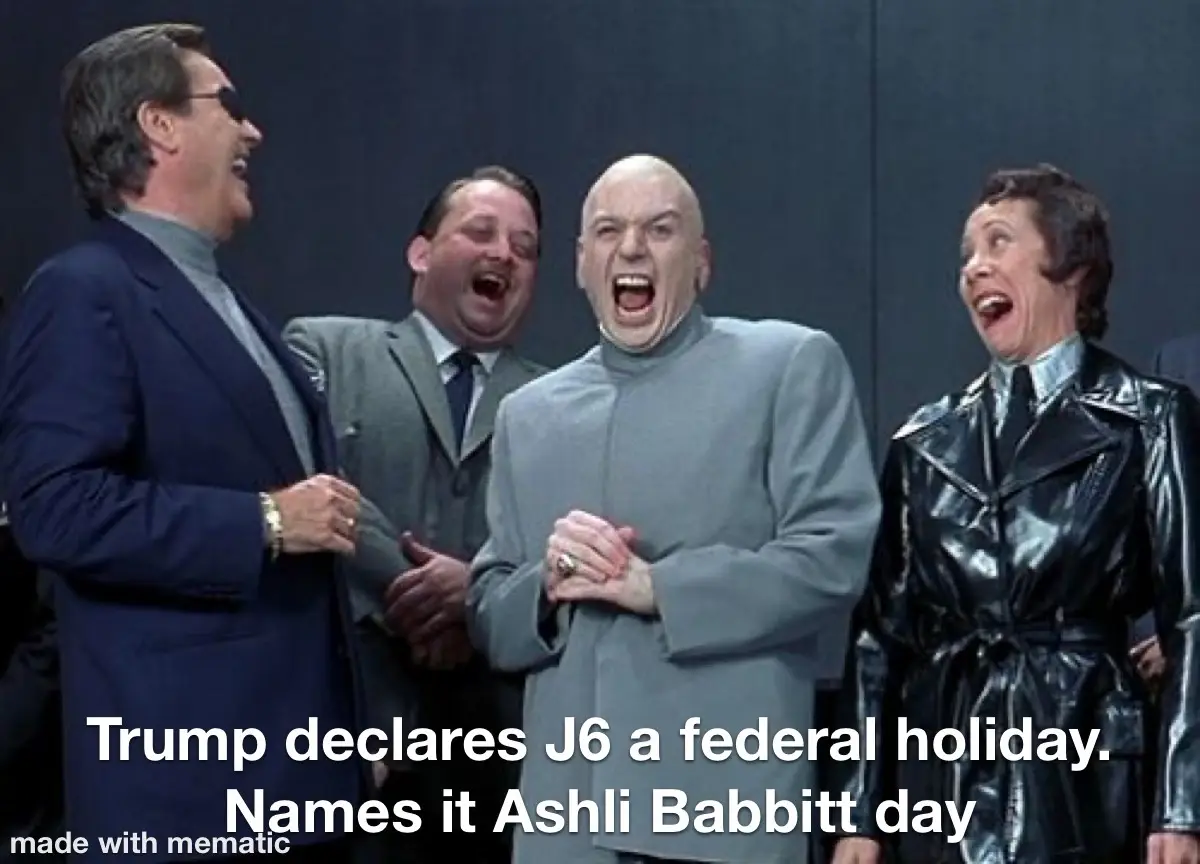 Four people from the movie 'The Producers' are shown laughing hysterically. The text overlaid on the image reads 'Trump…