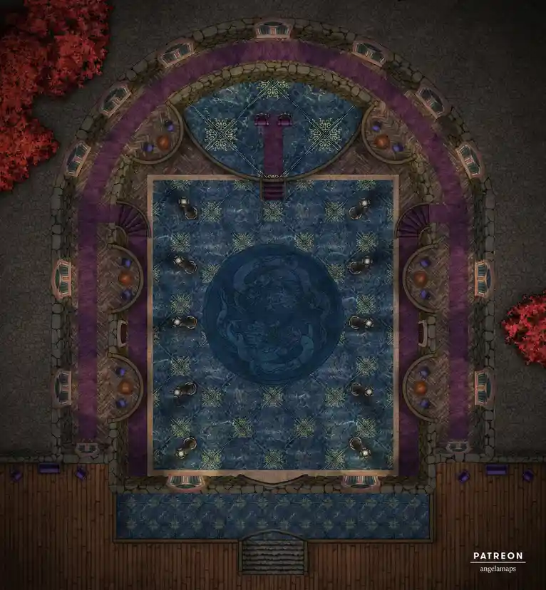 An overhead view of a grand, ornate fantasy room with a central blue marble floor featuring a large circular dragon design…
