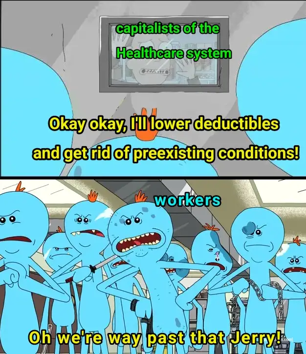 The top panel shows a TV screen labeled 'capitalists of the Healthcare system' with a hand gesture, overlaid text saying…