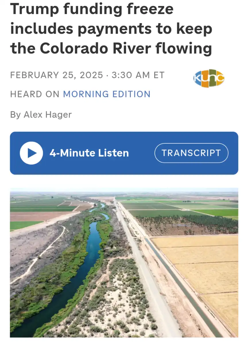 An aerial photo shows a river flowing through arid farmland with irrigation canals alongside. The image is overlaid with a…