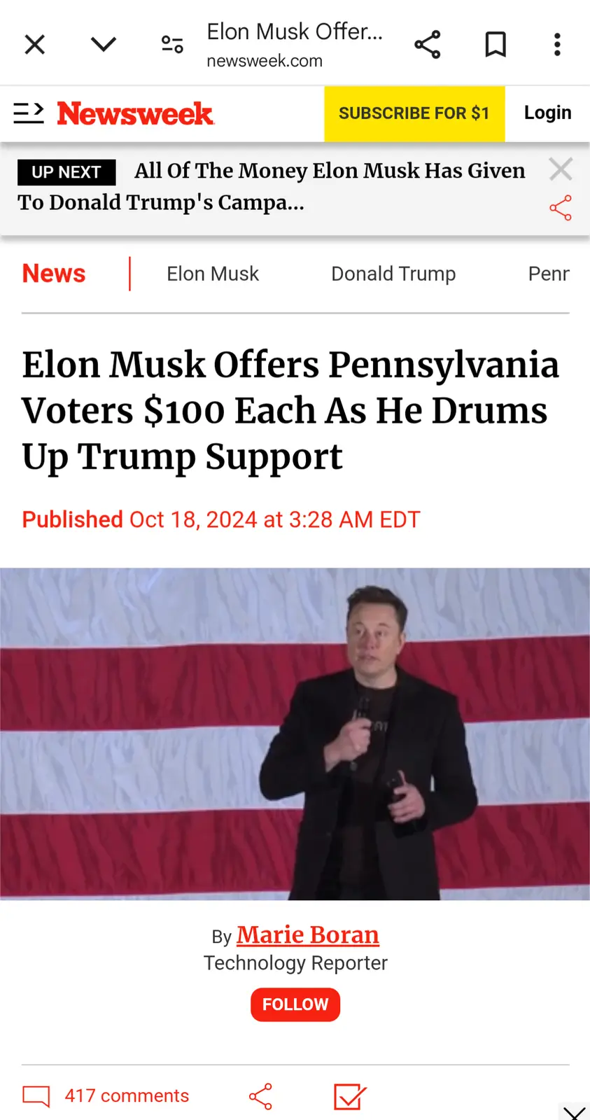 A screenshot of a Newsweek article from October 18, 2024, featuring a photo of Elon Musk speaking in front of an American…