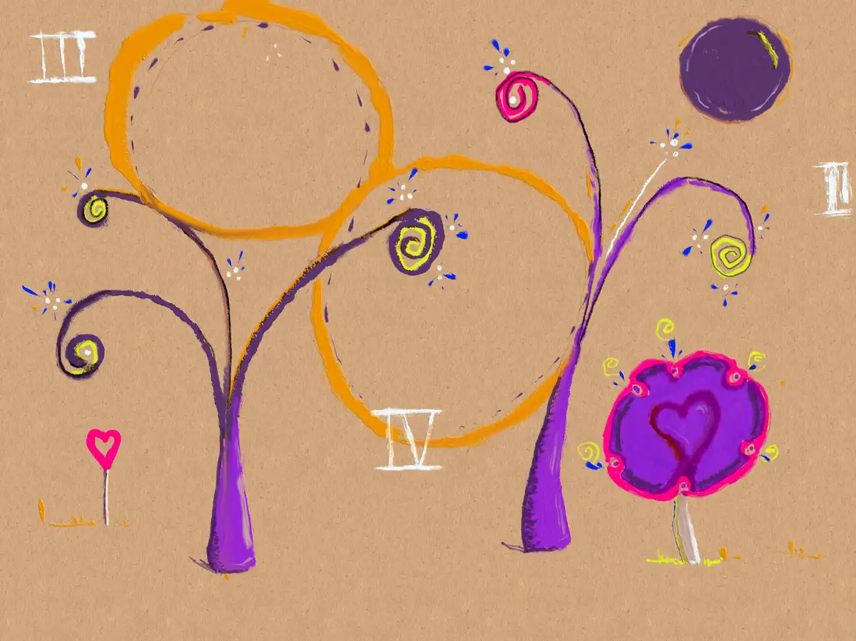 A childlike, colorful drawing on brown paper depicts two stylized trees with purple trunks and large orange circular…
