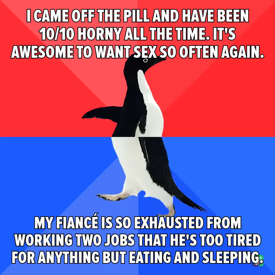 A penguin stands in the center of a split red and blue background, with bold white text overlaid in two sections. The top…