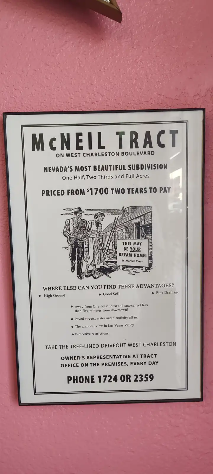 A framed vintage real estate advertisement for the McNeil Tract on West Charleston Boulevard in Nevada, boasting it as…