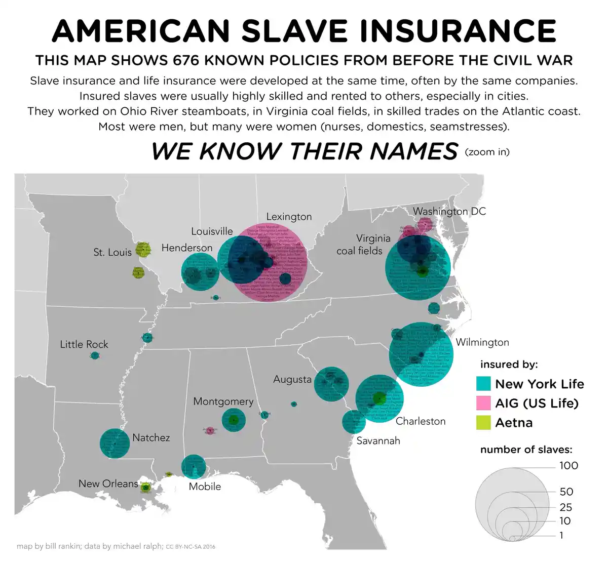 A grayscale map of the United States displays numerous colored circles over cities, each containing lists of names. The…