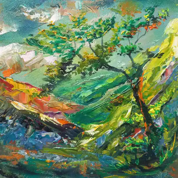 A vibrant, textured oil painting depicts a lush, colorful landscape with trees, hills, and a winding path, overlaid with the…