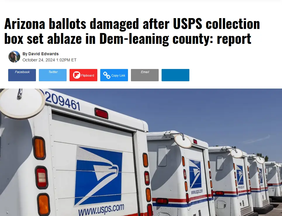 A screenshot of a news article headline reading 'Arizona ballots damaged after USPS collection box set ablaze in Dem-leaning…