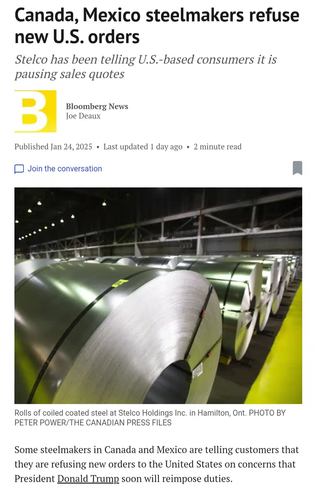 A news article screenshot from Bloomberg News shows a photo of large steel coils in a factory, with the headline 'Canada…
