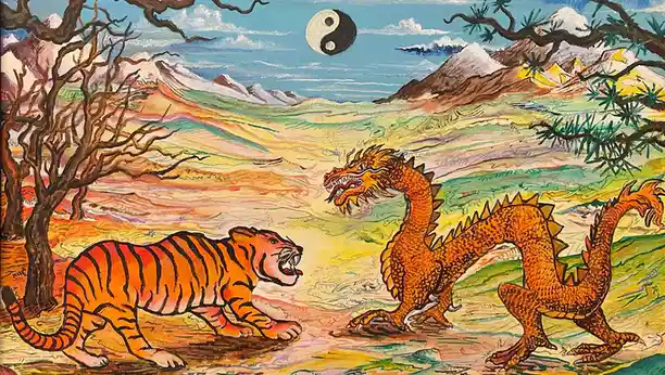 A colorful painting depicts a fierce tiger and a dragon facing each other in a mountainous landscape under a yin-yang symbol…