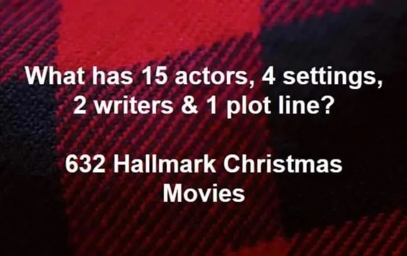 The image displays white text overlaid on a red and black plaid background. The text poses a riddle: 'What has 15 actors, 4…