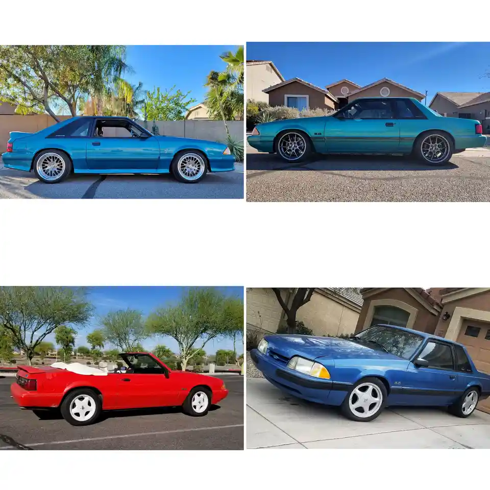 Four images show different Ford Mustangs: a blue coupe with aftermarket wheels, a teal coupe with black wheels, a red…