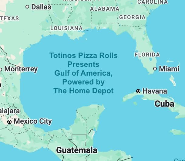 A map of the Gulf of Mexico and surrounding areas with the Gulf of Mexico labeled as 'Totinos Pizza Rolls Presents Gulf of…