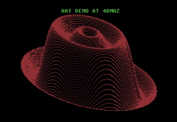 A red, pixelated fedora hat rendered with concentric wavy lines on a black background, with green text at the top reading…
