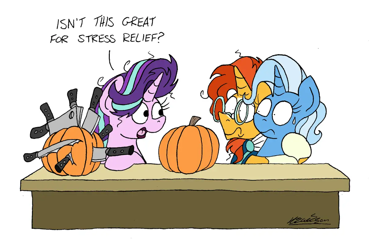 A cartoon pony with purple hair and a cyan streak, wearing a purple shirt, stands beside a table with a pumpkin impaled by…