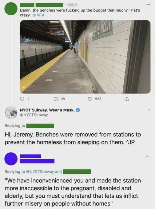 A screenshot of a Twitter thread shows a user complaining about subway benches being removed, which the NYCT Subway account…