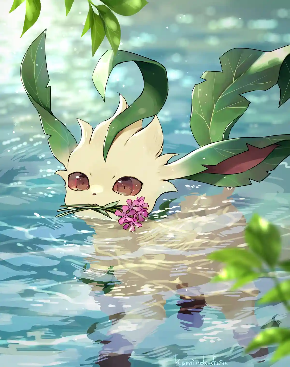 A cute, cream-colored anime-style creature with leaf-like ears and green foliage growing from its head is partially…