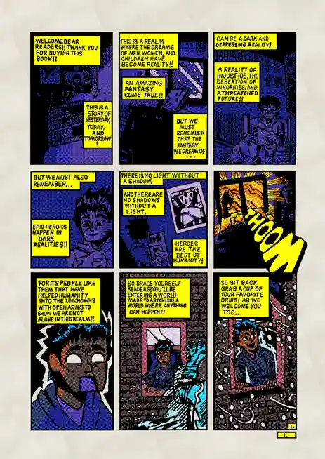 A comic book-style page with nine panels showing a character enthusiastically welcoming readers to a book. The text…