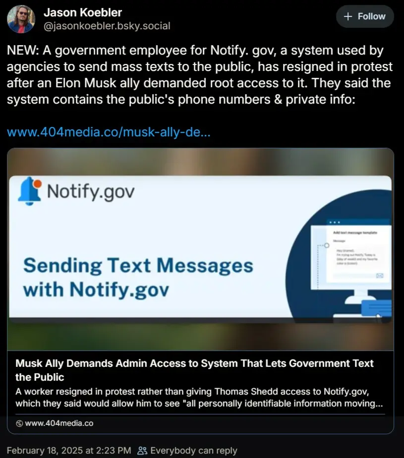 A screenshot of a news article headline about an Elon Musk ally demanding admin access to Notify.gov, a government system…