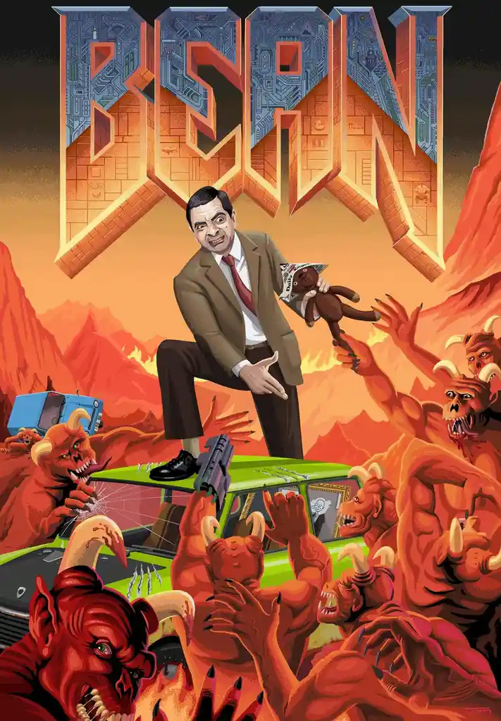 An illustrated poster-style image features Mr. Bean in a brown suit, sitting atop a green car in a fiery hellish landscape…