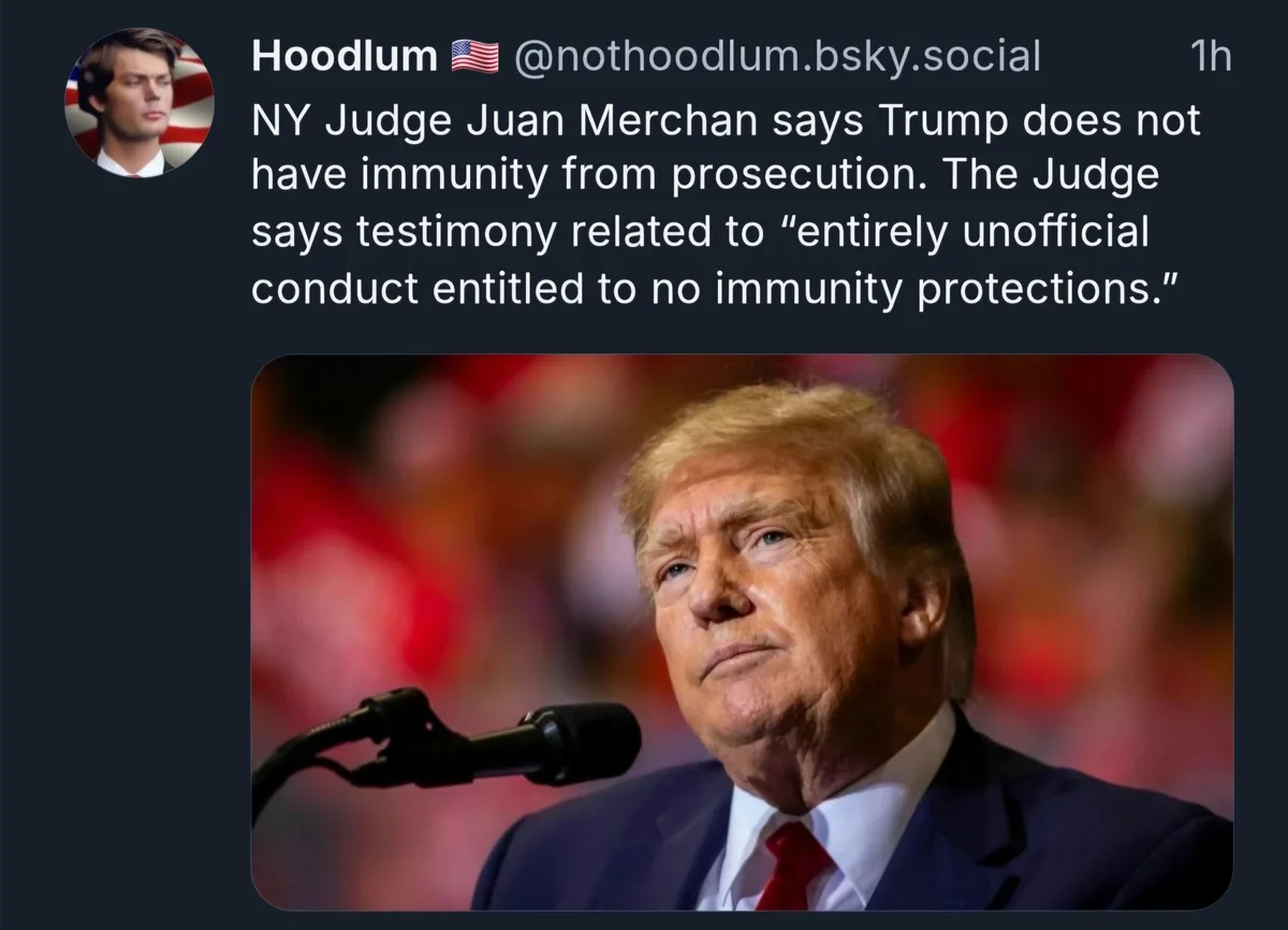 A screenshot of a social media post by 'Hoodlum' featuring a photo of Donald Trump looking serious while speaking into a…