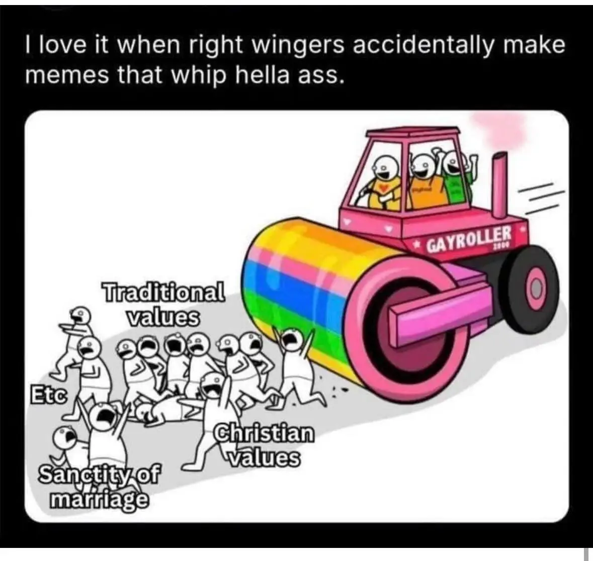 A cartoon depicts a pink roller compactor labeled 'GAYROLLER 2000' with three smiling, colorful figures in the cab, rolling…