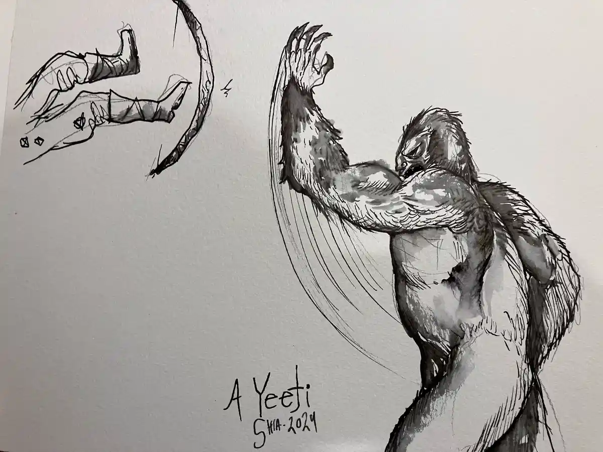 A black-and-white ink drawing shows a muscular, hairy, ape-like creature, labeled 'A Yeeti', swinging a large, curved blade…