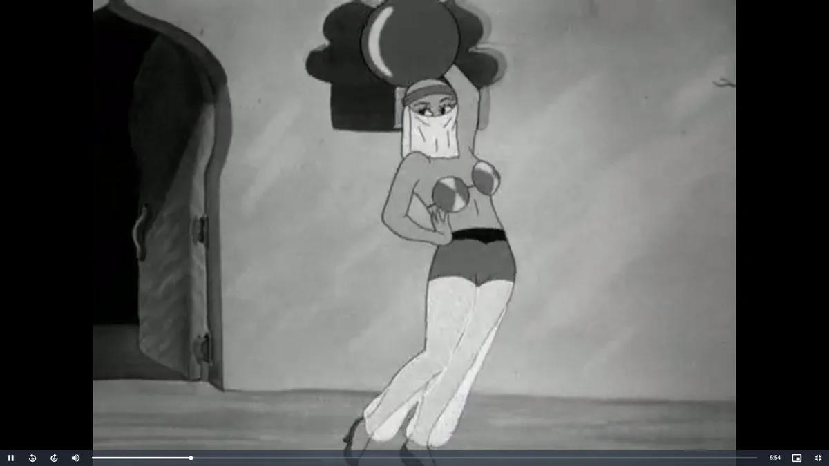 A black-and-white cartoon woman wearing a headscarf and bikini holds a crescent moon above her head while holding a small…