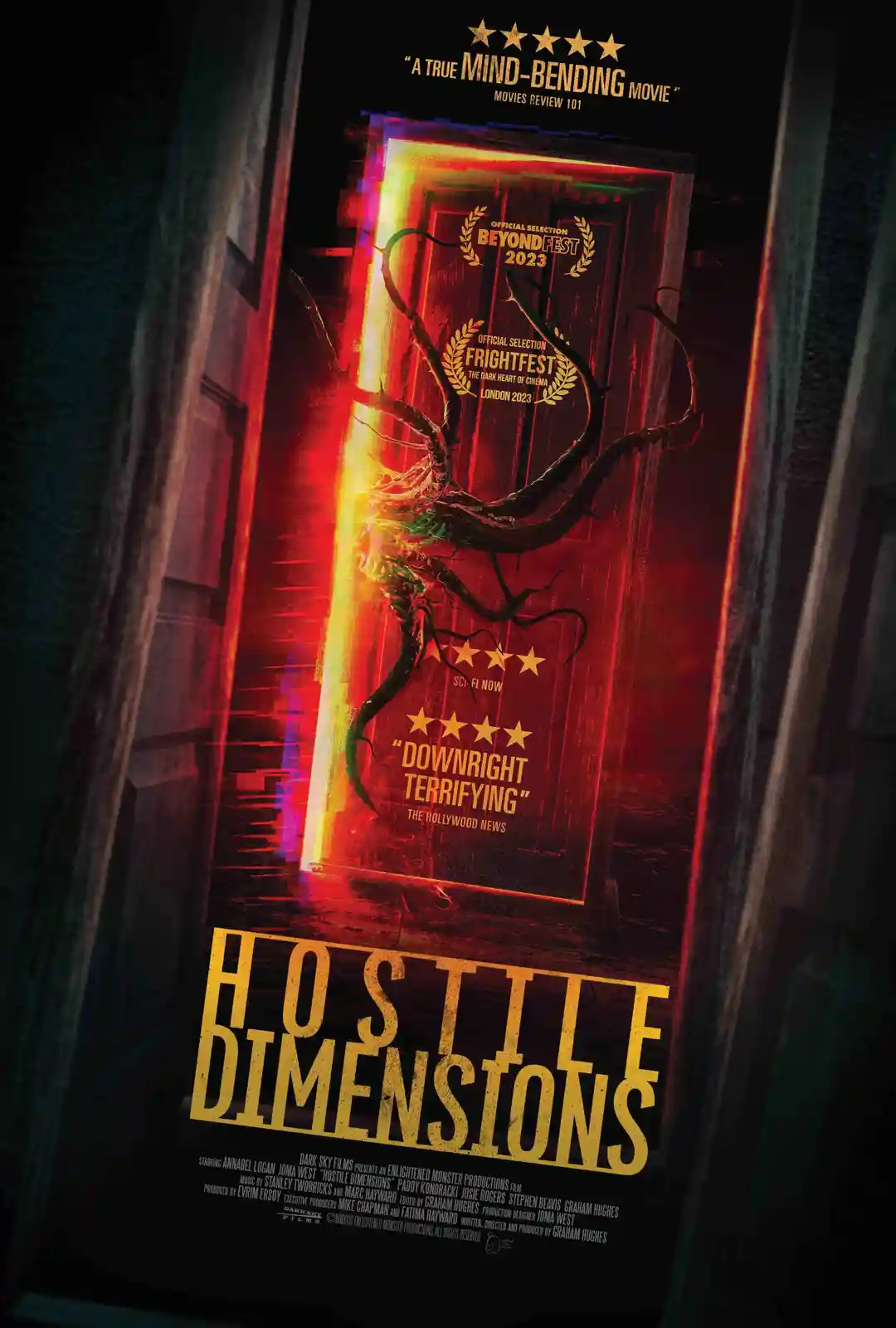 A movie poster for 'Hostile Dimensions' features a glowing, glitchy door with thorny vines growing through it, overlaid with…