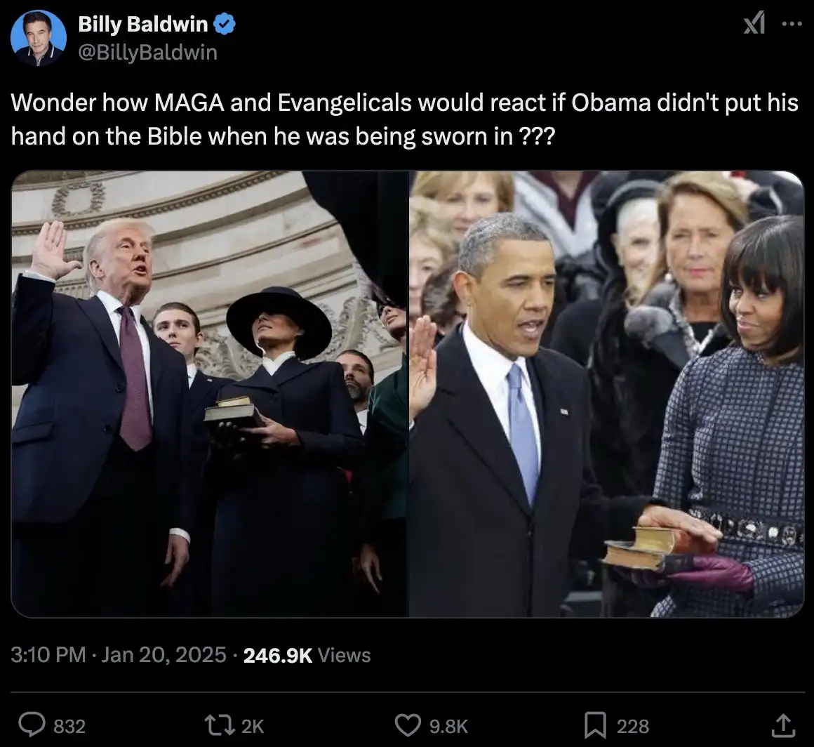 The image is a side-by-side comparison of two U.S. presidents during their inaugurations. On the left, Donald Trump raises…