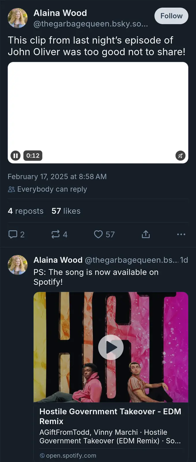 A social media post by Alaina Wood shows a video player with a black screen and a 0:12 timestamp, captioned 'This clip from…