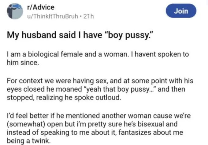 A screenshot of a Reddit post from r/Advice where a user recounts their husband accidentally saying 'boy pussy' during sex…