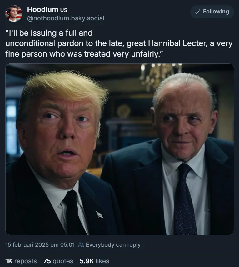 The image shows Donald Trump and Hannibal Lecter side by side, with Trump looking surprised and Lecter looking smug. The…