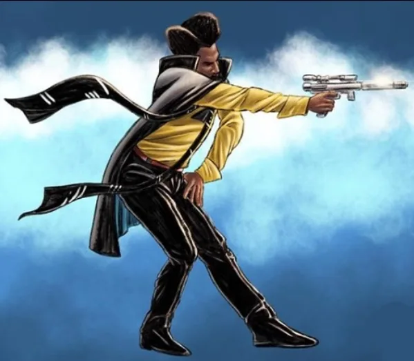 A man in a yellow shirt and black pants with a black cape is aiming a futuristic pistol against a blue sky with clouds. The…