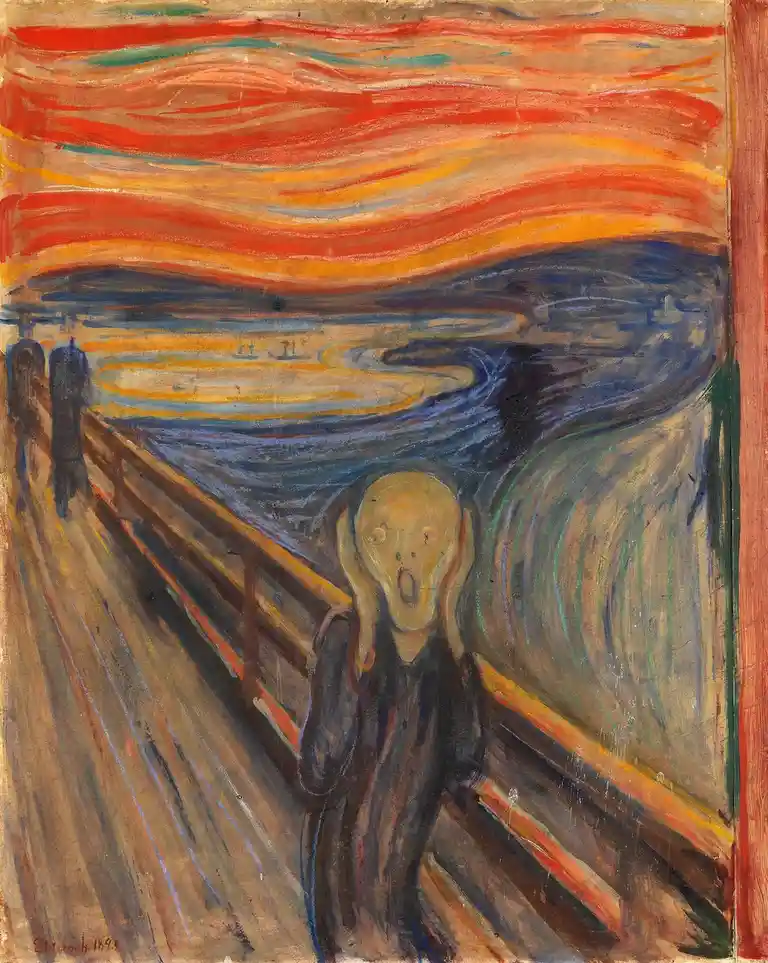 The image is the famous 1893 painting 'The Scream' by Edvard Munch, depicting a pale, distorted figure with an open mouth…