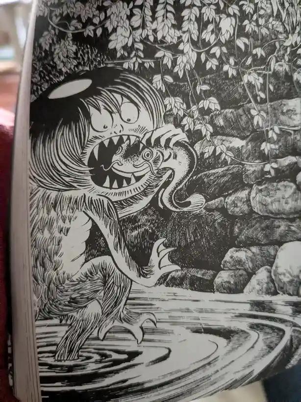 A black-and-white illustration shows a cartoonish, furry monster with wild hair and sharp teeth standing in water, holding a…