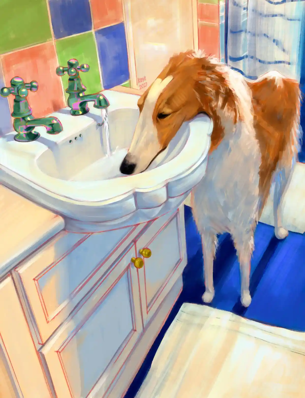 A painting of a brown and white dog with its head inside a bathroom sink, drinking water from the faucet. The sink has green…