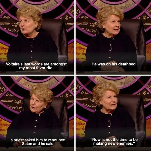 A four-panel meme featuring a woman in a dark button-up shirt seated in a chair against a circular, ornate background. Each…
