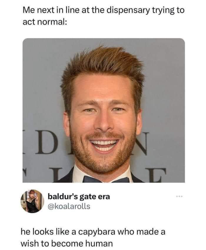 A photo of a smiling man with styled hair and a bowtie, overlaid with text that reads 'Me next in line at the dispensary…