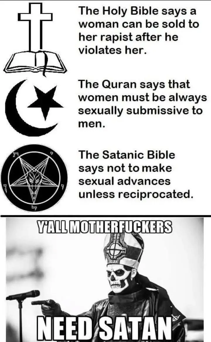 The image displays three religious symbols — a cross over a Bible, a crescent moon and star, and a pentagram — each paired…