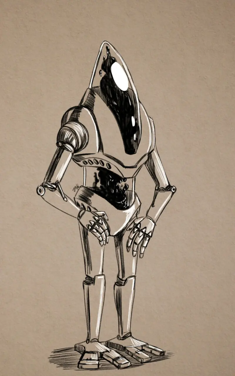 A sketch of a humanoid robot with a large, expressive eye and a visible internal mechanical structure, standing with hands…