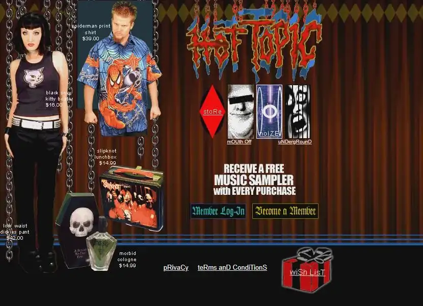 An old-school 'Hot Topic' online store homepage featuring goth and metal merchandise like a black cat tank top, a Spiderman…