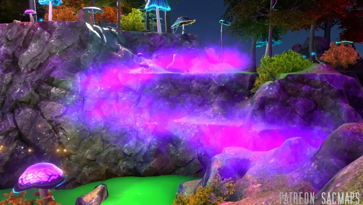 A vibrant, fantasy-style video game scene shows a glowing purple magical portal embedded in a rocky cliffside, surrounded by…