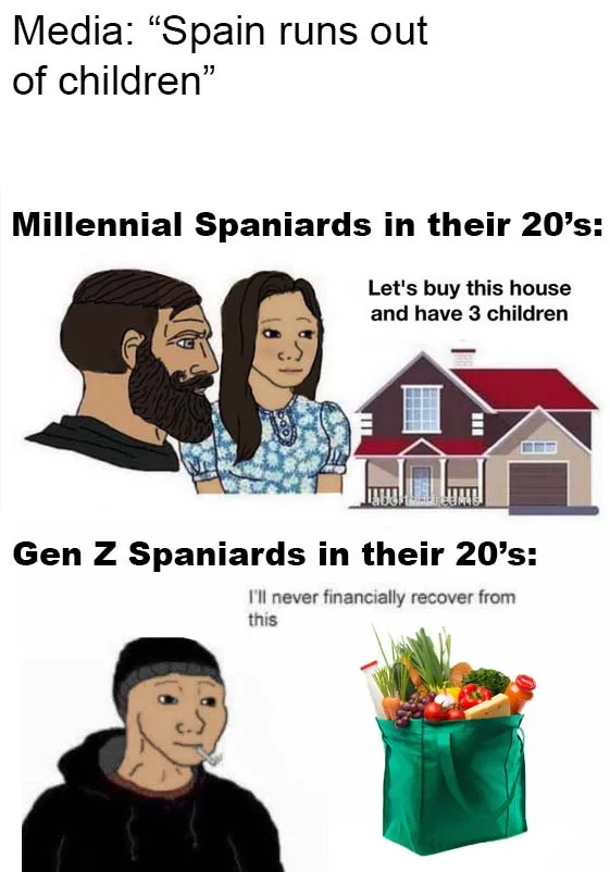 The image is a two-panel meme comparing Millennial and Gen Z Spaniards in their 20s. The top panel shows a cartoon couple…