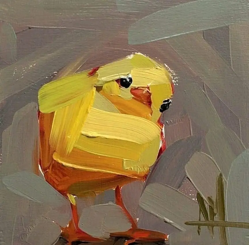 A thickly painted, impressionistic artwork depicts a small yellow chick with large black eyes, appearing to cry, surrounded…