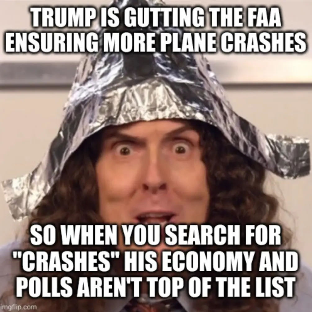 A man with long curly hair wears a crumpled aluminum foil hat, looking shocked with wide eyes and an open mouth. The image…