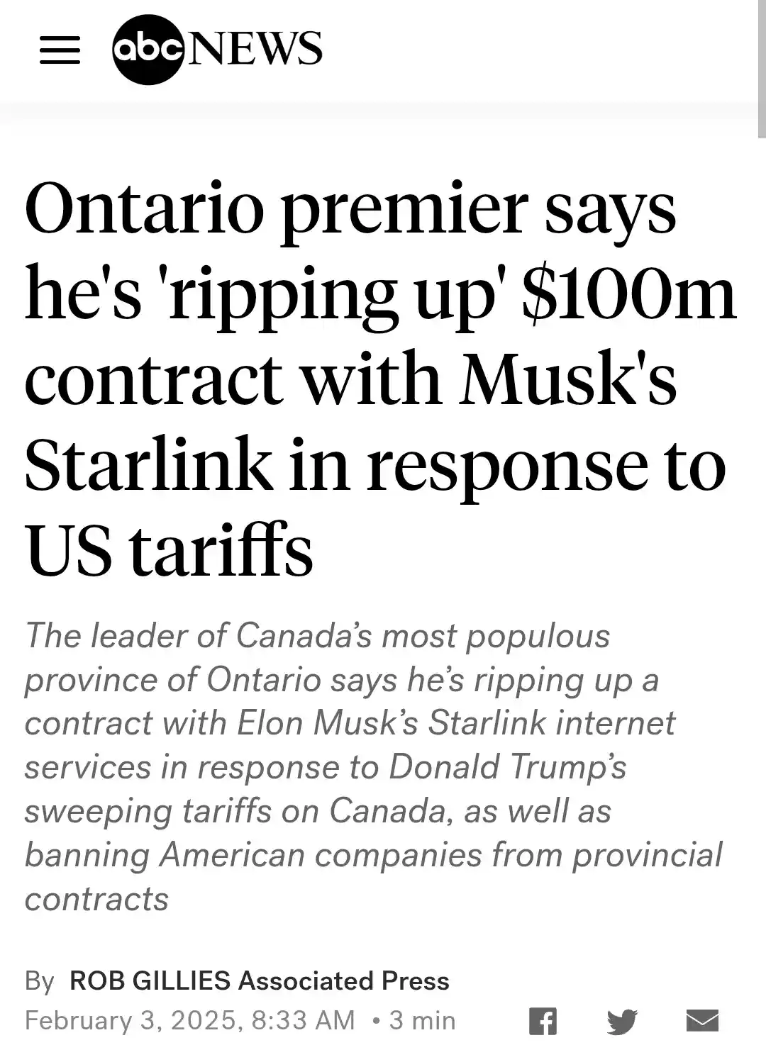 A screenshot of an ABC News article headline stating that Ontario's premier is canceling a $100 million contract with…