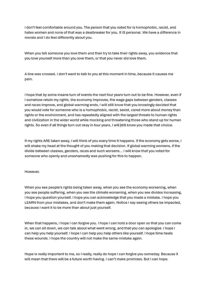 The image displays a long, emotionally charged letter written in black text on a plain white background. The letter…