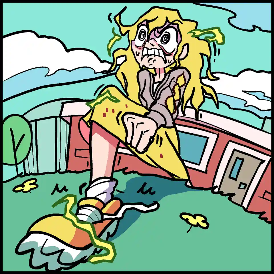 A cartoon woman with wild blonde hair and an angry, screaming expression sits atop a toppled red house, pointing down at a…