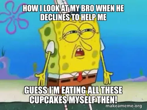 SpongeBob SquarePants is shown with a frustrated, exasperated expression, holding a shovel, against a background of…