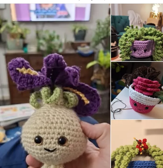 A collage of four images showing handmade crocheted plants, each designed to resemble a person with a smiling face, eyes…